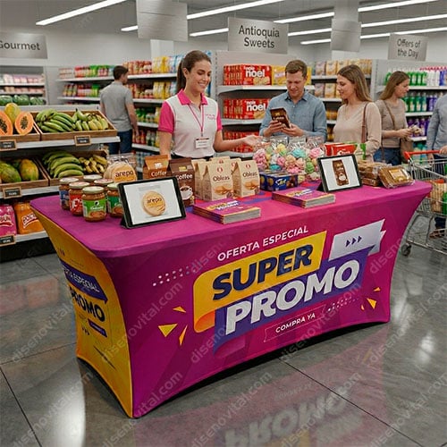 mantel spandex para degusraciones y lanzamientos en supermercados y almacenes de cadena